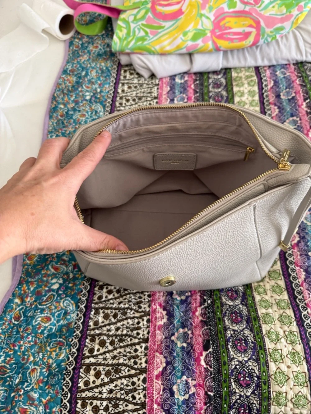 Structured Pebbled Satchel in Light Taupe. Missing strap
